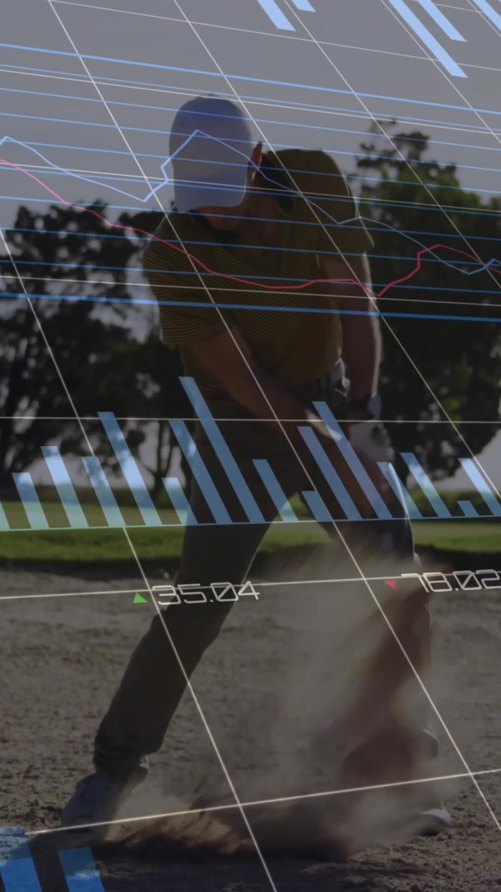 Vertical video: Golfer addressing ball and swinging in bunker, escaping sand, analytics overlaying