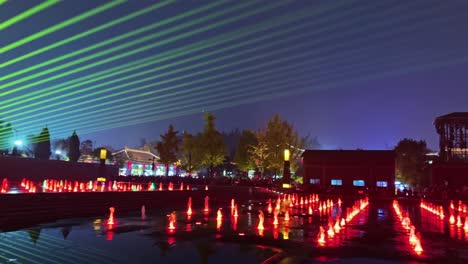 musical fountain, giant wild goose pagoda, xi'an, china - vibrant nighttime displays feature colorful lights and water jets synchronized to music - panning shot