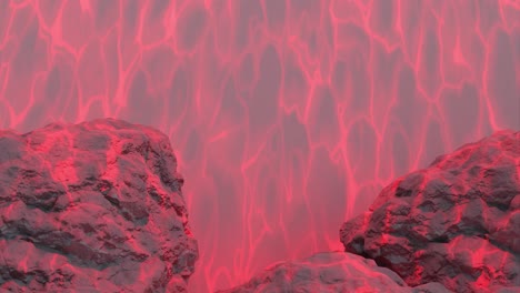una energía roja eléctrica entre las rocas de fondo