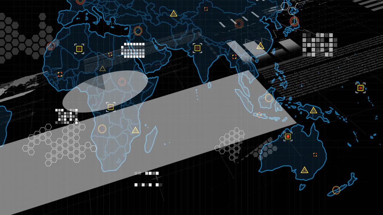 Stylized world map being visualized on neon grid, featuring translucent bands and bright data icons