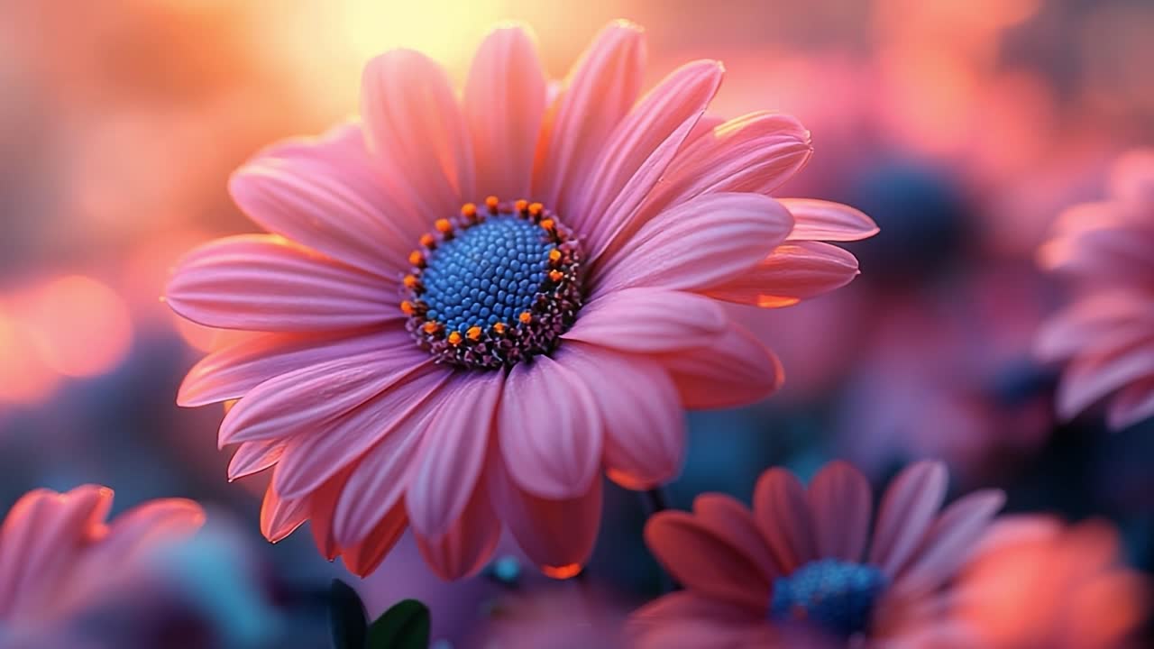 Vibrant blooms enrich gardens. Vibrant pink flowers with blue centers bloom in a garden at sunset, creating a colorful and serene atmosphere.