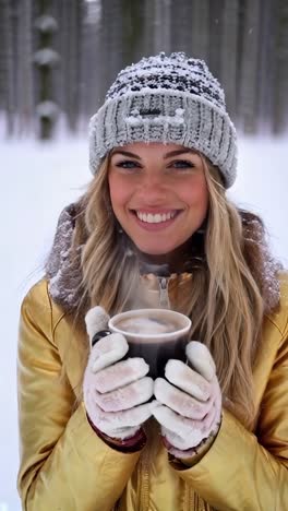 smiling young woman with a cup of hot coffee in a snowy forest
