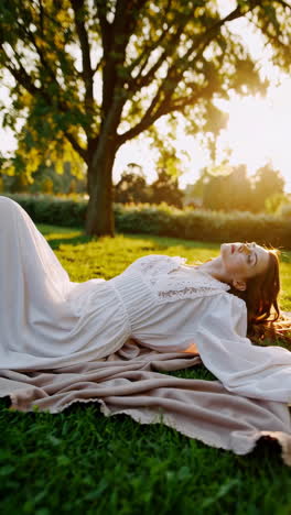 woman in white dress relaxing in golden hour park