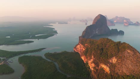 phang nga bay with lush greenery, islands, and calm water, aerial view thailand