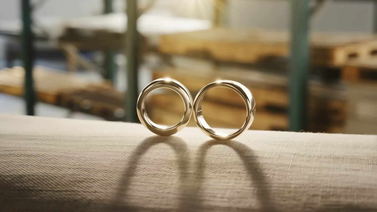 Two Golden Wedding Rings on a Fabric Surface with a Blurred Industrial Background