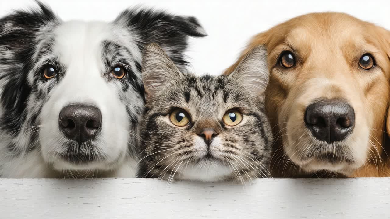 Ein herzerwärmendes Porträt der Freundschaft: Ein Hund, eine Katze und ein Golden Retriever vereinen sich in einem spielerischen Moment und zeigen dabei ihre einzigartigen Persönlichkeiten und Ausdrücke.