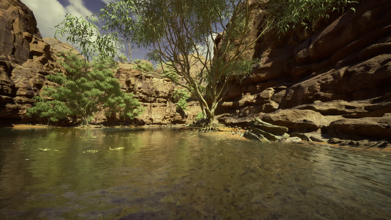 Stunning oasis with rocky cliffs and lush greenery by a serene pool