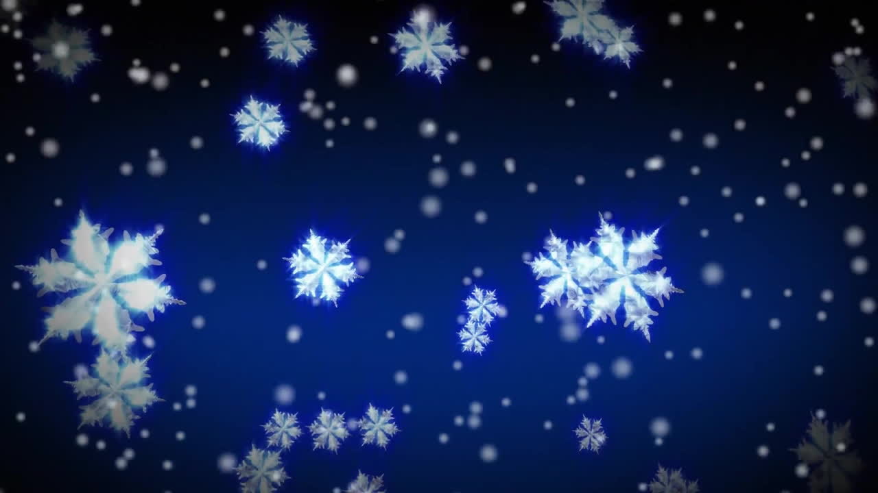 Falling snowflakes animation on dark blue background