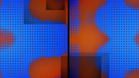 Animation-of-split-screen-with-grey-squares-and-blue-pixels-changing-size-on-orange-background