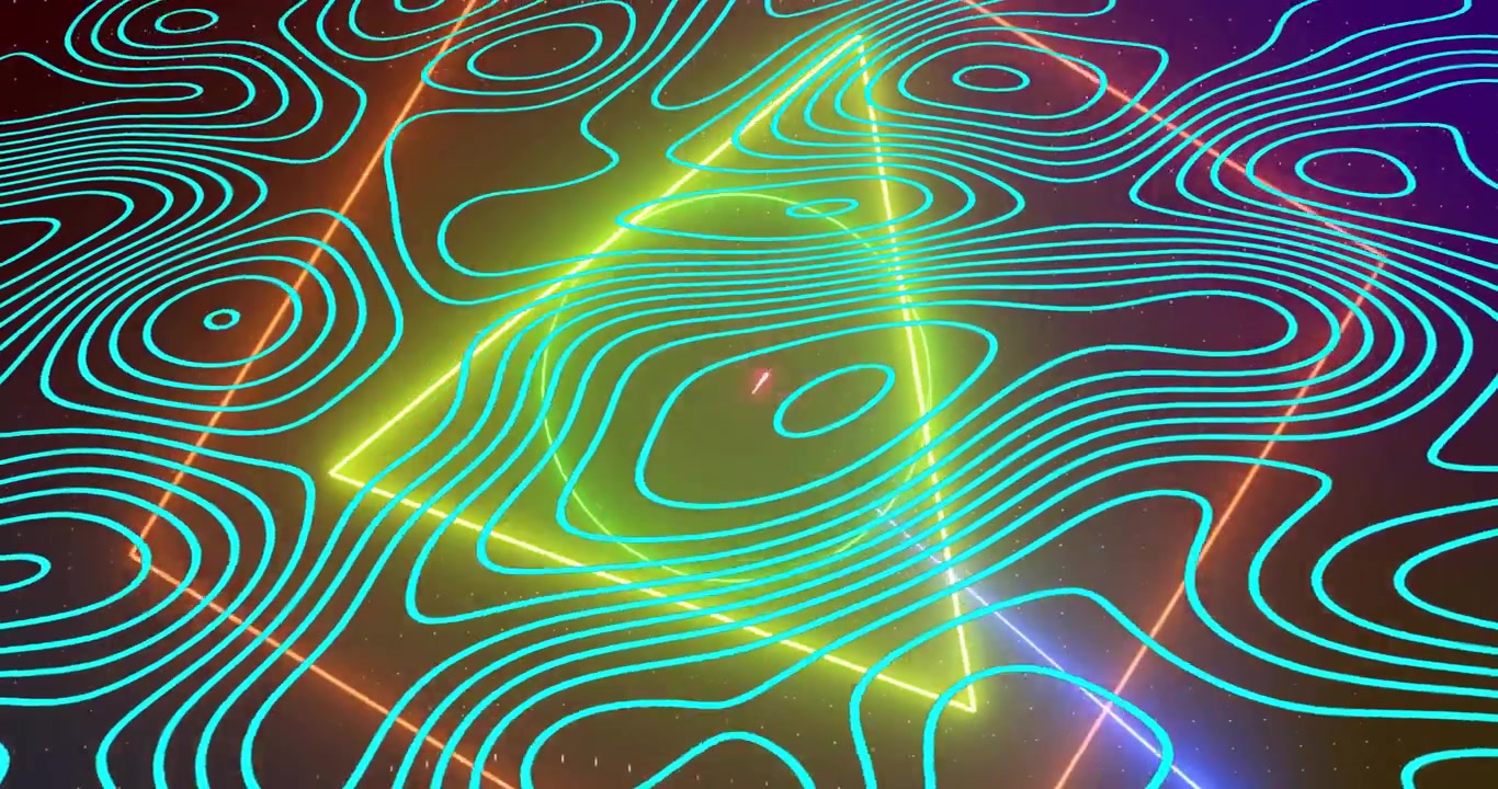 Radiating neon green circle intersecting orange triangle while turquoise contour lines undulating