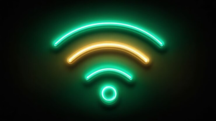 Una visualizzazione luminosa e colorata dell'icona della potenza del segnale Wi-Fi con luci al neon in verde e giallo vibranti su uno sfondo scuro.