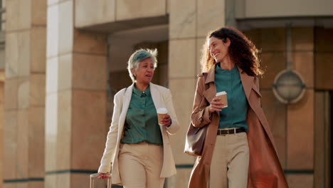 travel, luggage and business women walking