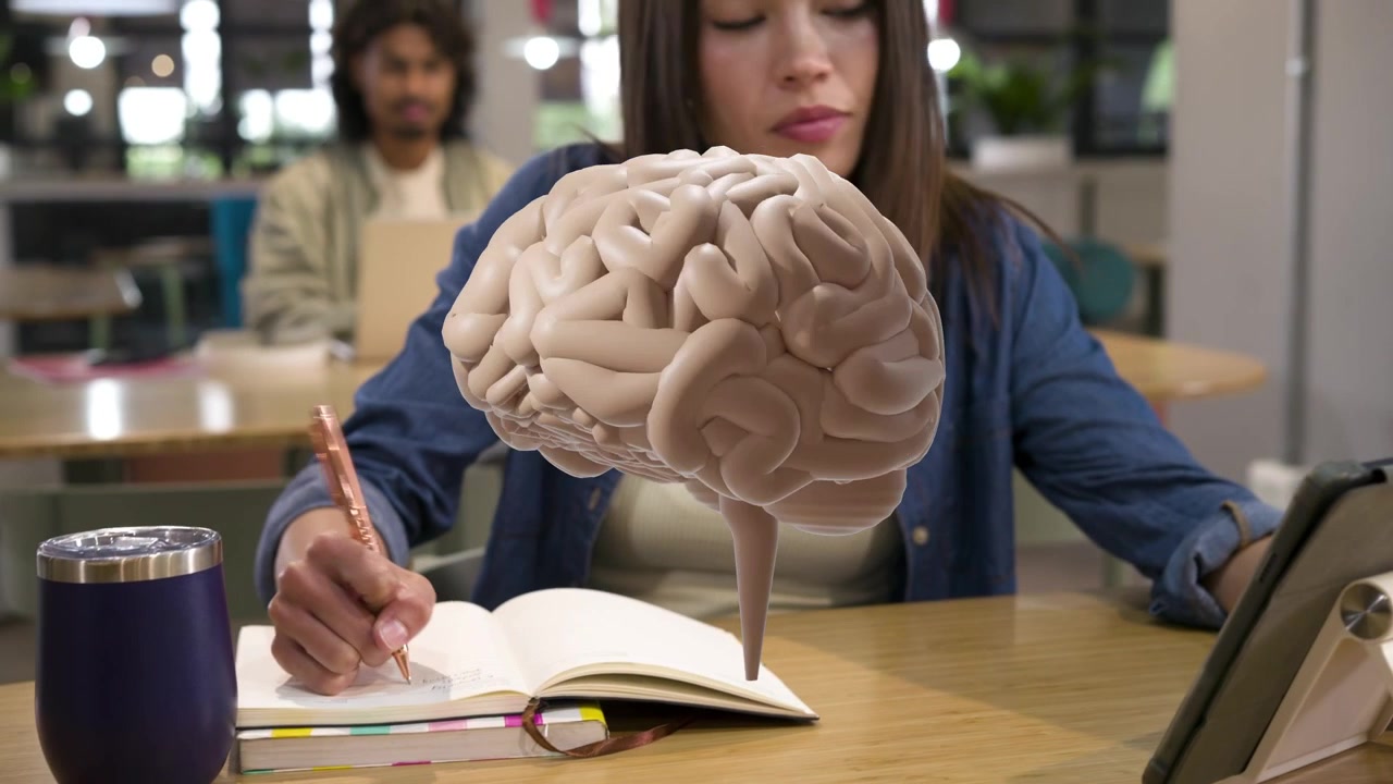 Donna che prende appunti, penna che avvia un'overlay AR 3D di un cervello sopra il quaderno, che studia e tocca un tablet