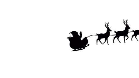 animation of black silhouette of santa claus in sleigh being pulled by reindeer on white background