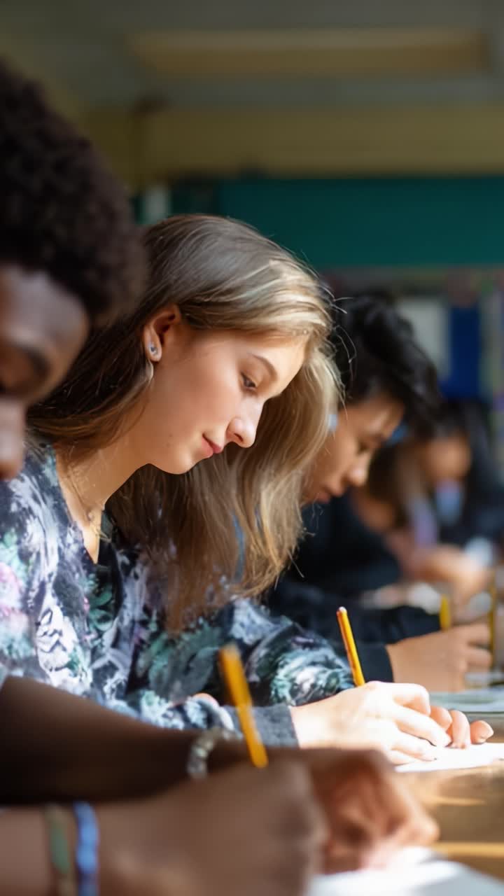 Focused Students Engaged in Learning Activities, Concentrating on Their Assignments with Pens in Hands, in a Classroom Setting, Illustrating Dedication and Effort