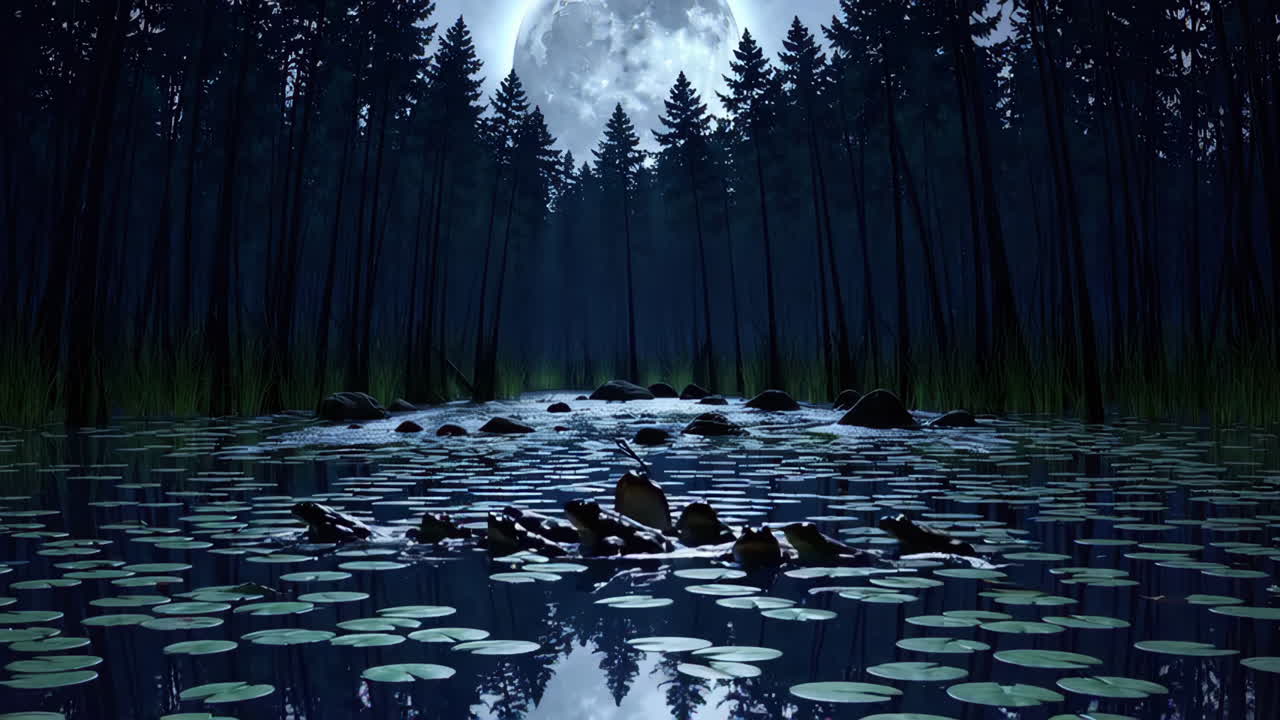Mysterious Creatures in a Moonlit Forest Pond