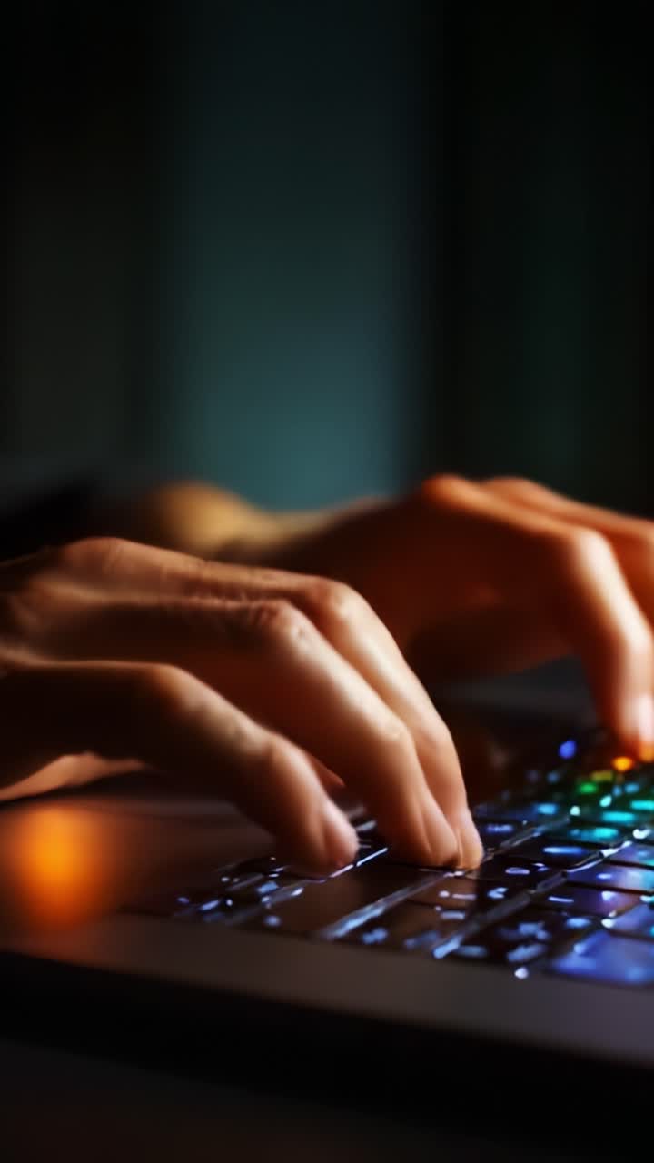 Primo piano di mani che digitano su una tastiera di un portatile con retroilluminazione dinamica, catturando l'essenza della tecnologia moderna e della comunicazione digitale in azione