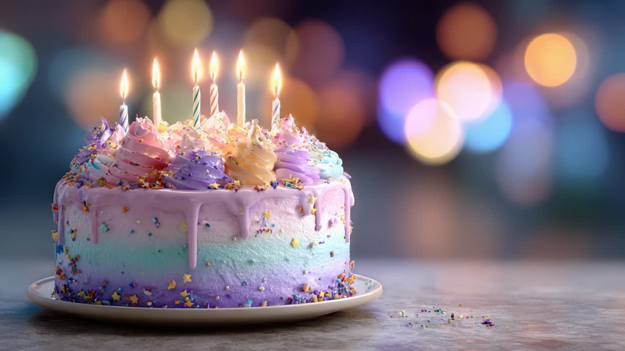 A beautifully decorated birthday cake featuring vibrant layers of frosting, colorful sprinkles, and lit candles, set against a dreamy bokeh background that enhances its festive charm