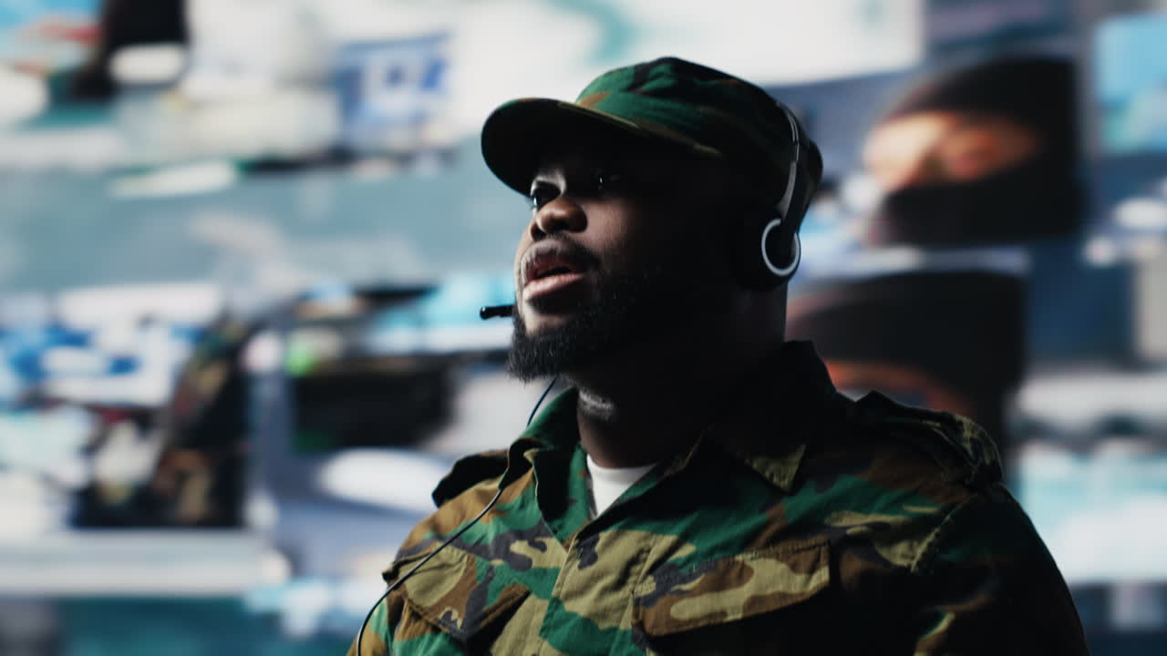 Military officer guiding soldiers with GPS coordinates from satellite imagery