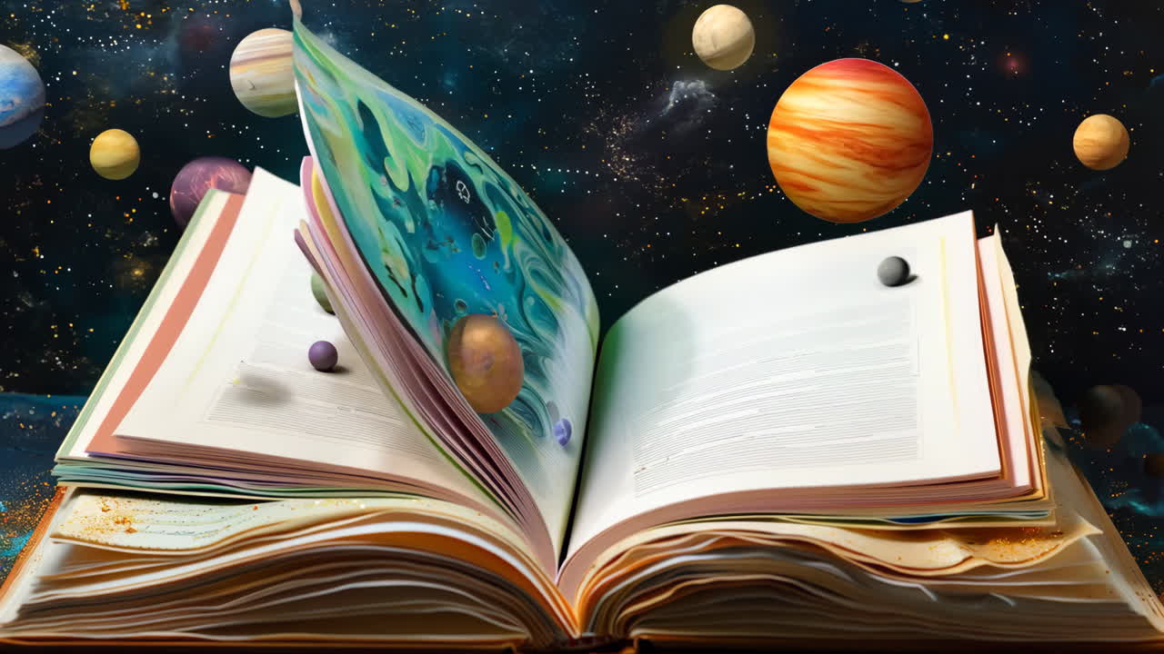 The book is open to a page with a colorful drawing of the solar system. The drawing includes the sun, planets, and other celestial bodies. The book appears to be a children's book or a science book