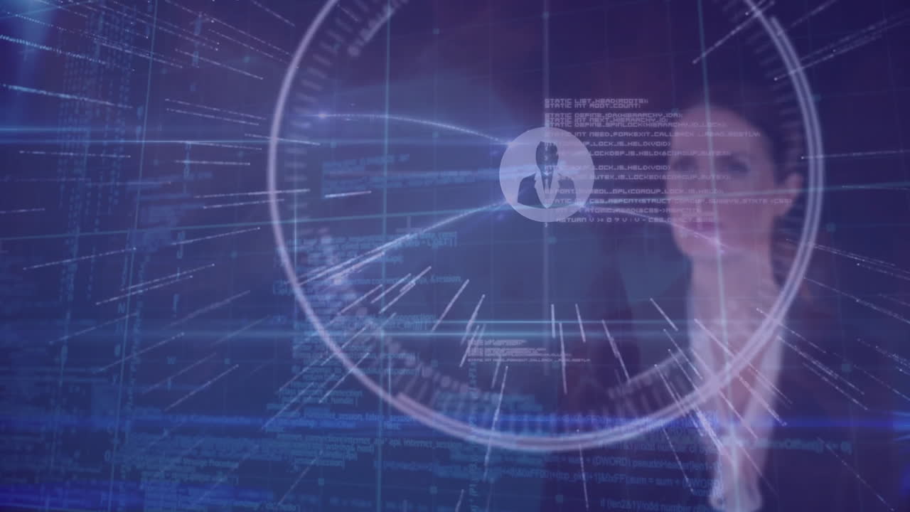 Interacting with digital interface, businesswoman using animation for data processing