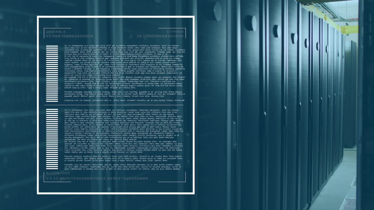 Animation of loading bars and computer language over data server room