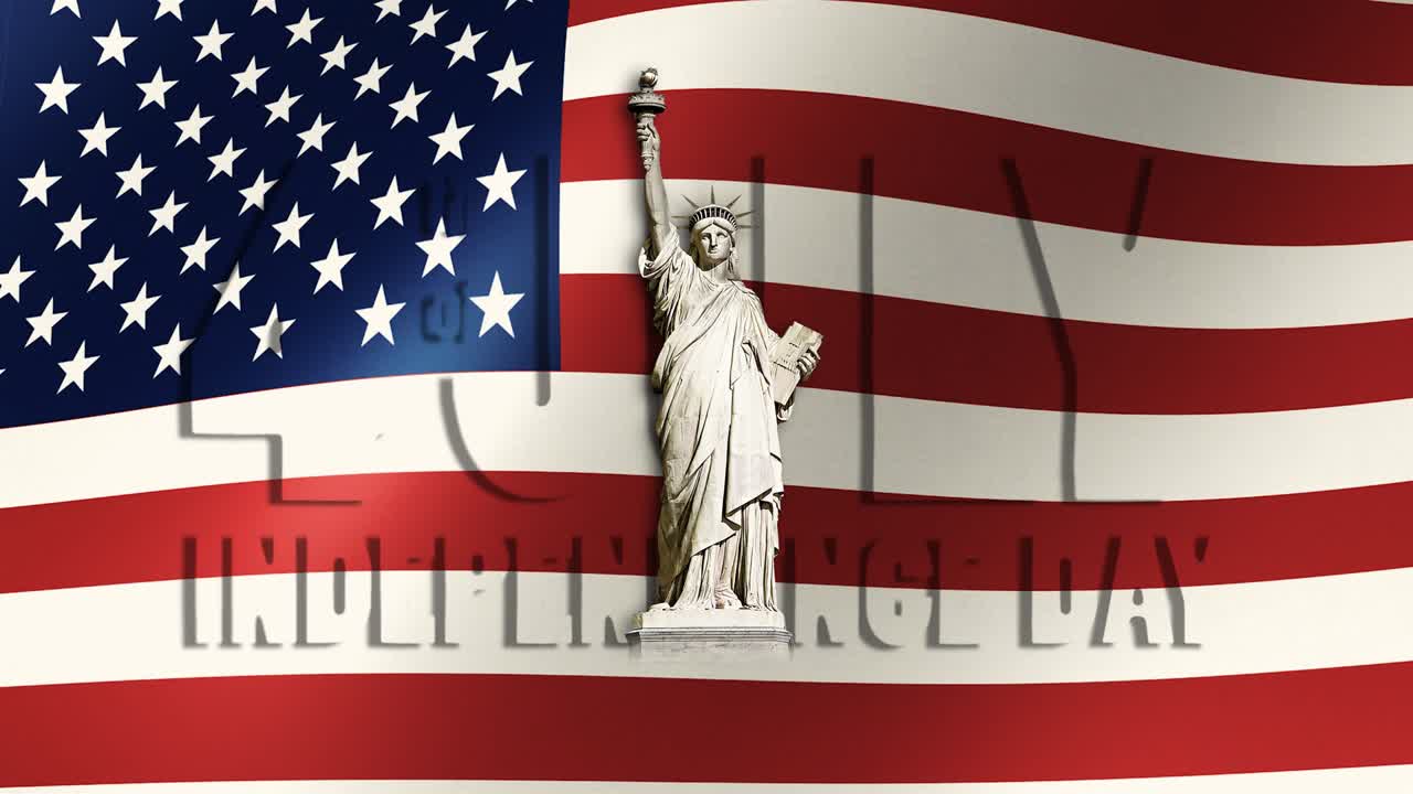 자유의 동상과 문장 - 7월 4일 독립의 날 - 배경에는 흔들리는 미국 발이 있습니다.