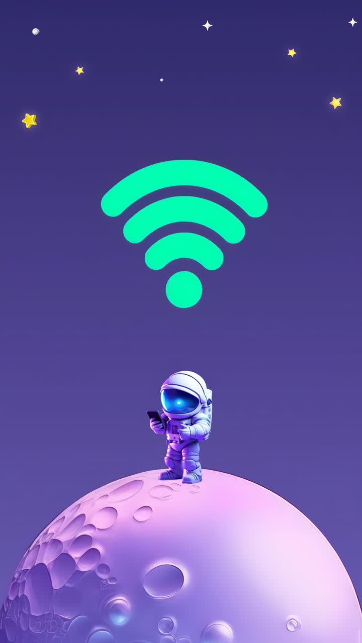 Un video concept di arte digitale che mostra un astronauta su una superficie lunare mentre guarda un telefono