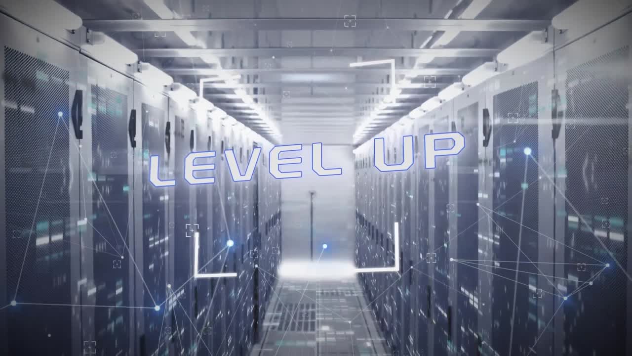 Animation of scope scanning over level up text and mosaic squares against computer server room