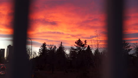 colorido y cálido amanecer o atardecer en la ciudad durante el otoño de octubre en calgary, alberta, canadá