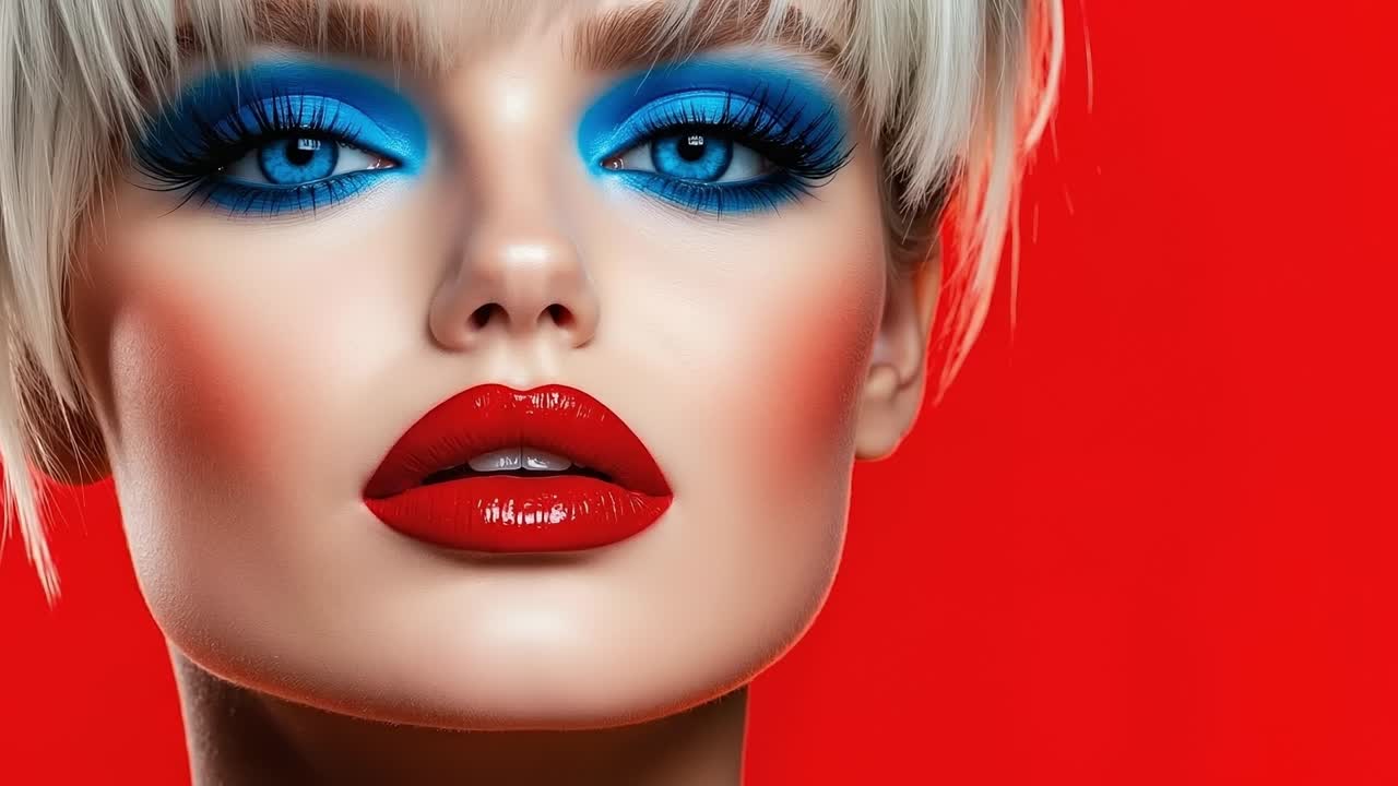 A woman with blue eyeshadow and red lipstick on a red background