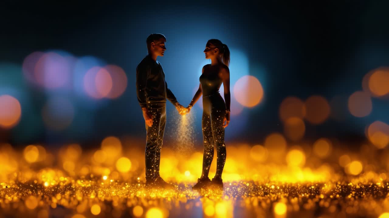 Una connessione romantica: due silhouette che si tengono per mano in uno sfondo scintillante di luci brillanti, a simboleggiare l'amore e l'unione