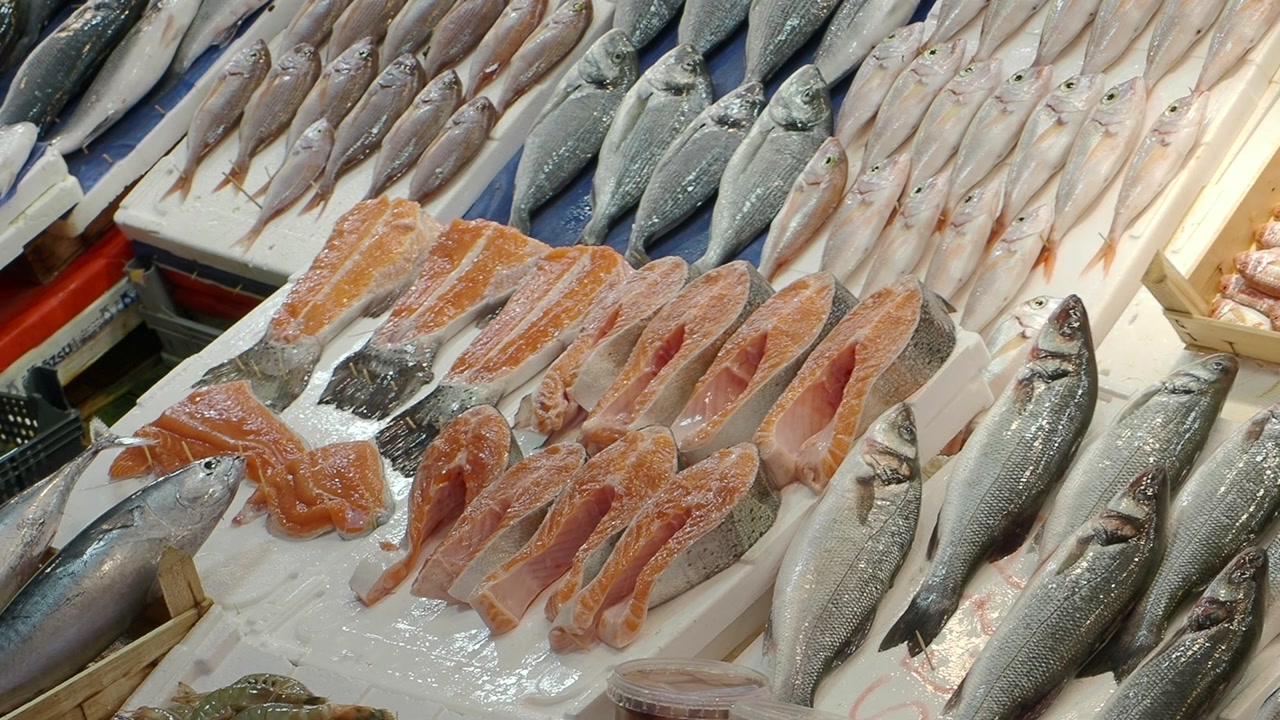 Variety of Fresh Fish and Salmon Fillets on Display at a Market