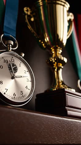 time of victory: trophy, medals, and stopwatch