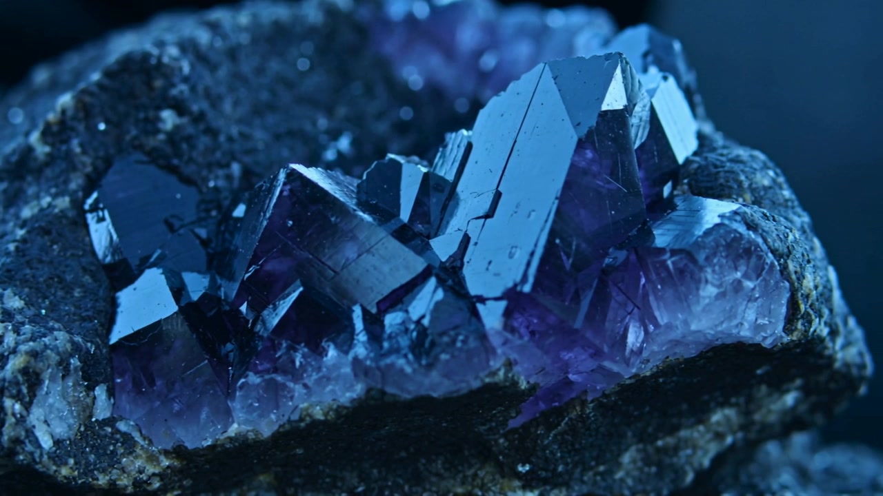 Shifting camera exposing purple crystal cluster on studio tabletop, highlighting prism faces
