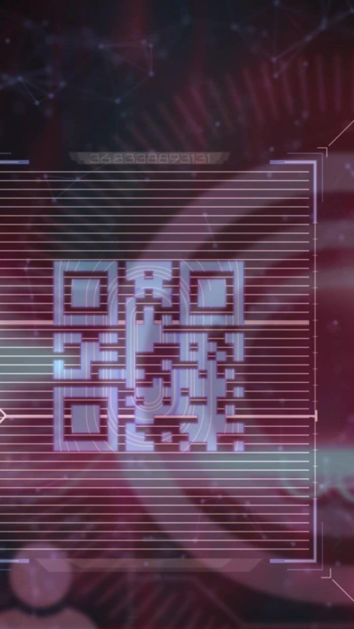 Animation of qr code over network of connections and icons on black background