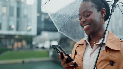 Teléfono,-Maqueta-Y-Mujer-Negra-Bajo-La-Lluvia-En-Una-Ciudad