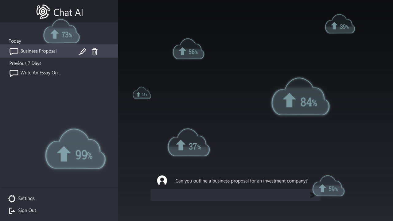 Chat ai logo and conversation text over data uploading to cloud icons