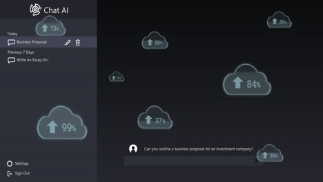 logotipo del chat y texto de conversación sobre datos cargando a los iconos de la nube