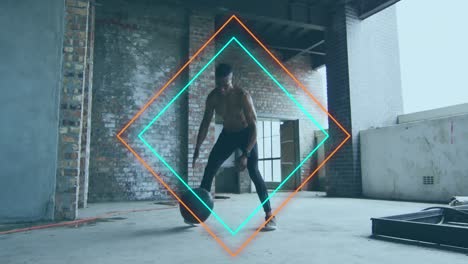 animación de cuadrados coloridos sobre un hombre haciendo ejercicio con una pelota