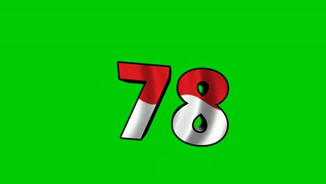Animation-number-78-motion-graphics-cartoon-with-red-white-color-Indonesian-flag-on-green-screen
