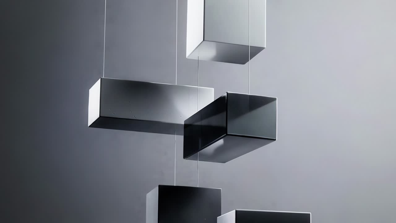 Ophængte rektangulære blokke glider og roterer på tynde wirer i et minimalistisk gråt studierum med blødt lys