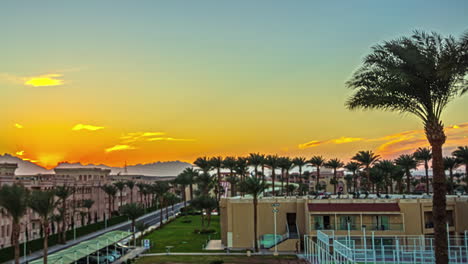 Timelapse---Cityscape-with-buildings-and-tree-in-the-wind-at-sunrise