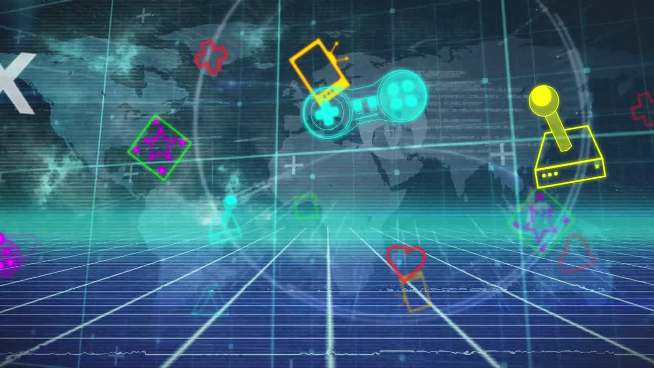 다채로운 배경에 다채로운 움직이는 그래픽과 그리드의 애니메이션