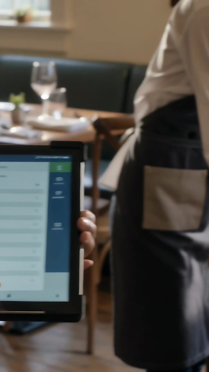 Vertical video: Tapping staff in dark-apron after ping on tablet at diner placing card, copy space