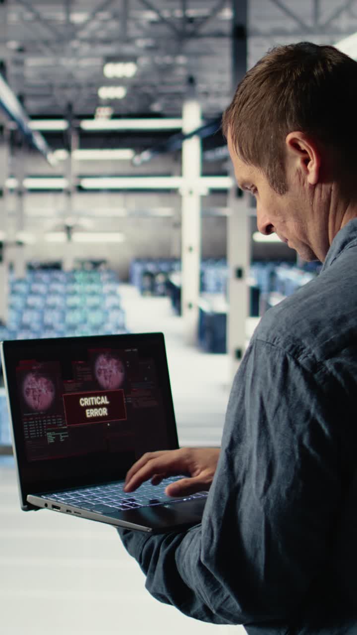 Vertical Video Engineer In Server Room Receives Critical Error Popup On Laptop Screen