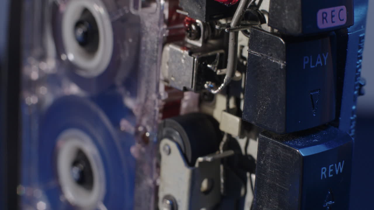 노출된 배선과 마이크로카세트 레코더 내부에서 볼 수 있는 핀치 롤러로 눌려진 재생 버튼