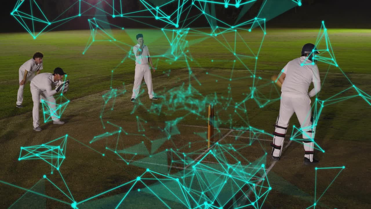 Teal mesh rising over stumps urging batsman shifting guard and fielders bracing for delivery sports