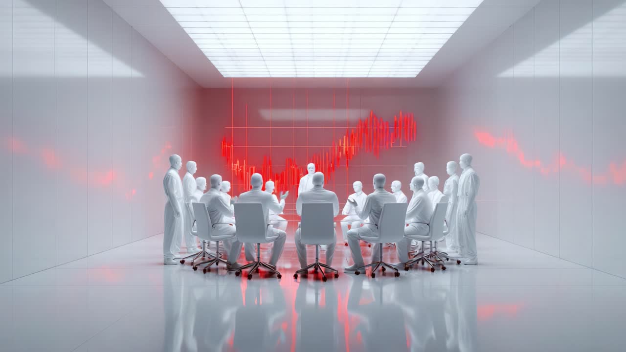 A Futuristic Meeting of Data Analysts Analyzing Market Trends in a High-Tech Conference Room with a Red Graph Display for Insightful Discussions and Strategic Decisions