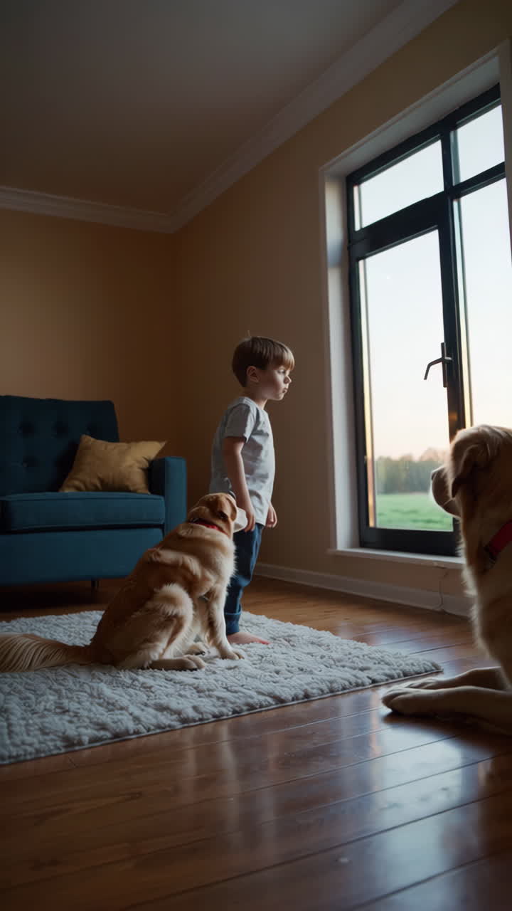 Boy and Golden Retrievers Looking Out Window at Home